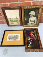 Lot of four various small framed pieces of art