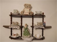 Wood Shelf , Tea Cups, Saucers & Figurine