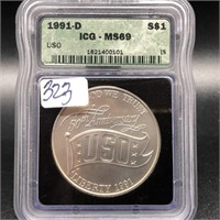 1991-D SILVER COMMEMORATIVE U.S.O. $1 -ICG-MS 69