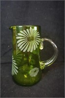 Green Art Glass Tall Pitcher with Flowers