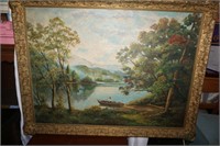 Lighted Oil on Canvas Lake Scene by Welsch