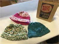 3 hand knitted winter caps in Beer Nuts bag