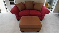 Red Upholstered Love Seat & Ottoman