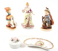 EXPORT PORCELAIN FIGURINES, TRINKET DISH & BOX LOT