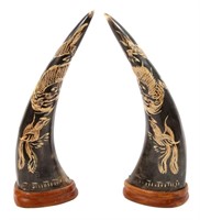 CHINESE CARVED WATER BUFFALO HORNS ON BASES