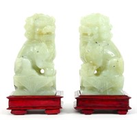 CHINESE CARVED SERPENTINE JADE FOO DOGS