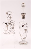 SILVER PAINTED GLASS DECANTER & GLASSES