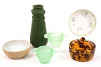 GLASS BOWLS, CANDLE HOLDERS, VASE AND JAR