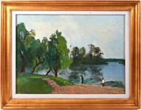 GHEORGHE IONESCU "LANDSCAPE WITH PIER" OIL PAINTIN