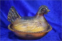 Vintage Carnival Glass Chicken in a Basket w/ 3 Eg