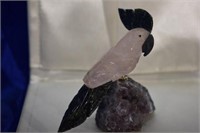 Rose Quartz + Agate Parrot on Amethyst Crystals