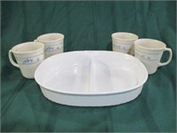 Corningware - divided serving tray and 4 cups