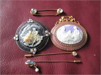 2 cameo brooches & 3 stick pins