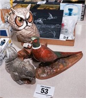 Squirrel, pheasant & owl statues 14" t