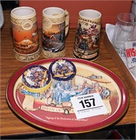 Set of 3 Miller steins, tray & coasters