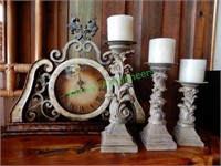 Mantel Clock and (3) Candle Holders
