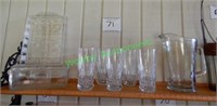 Glass Pitcher, (5) Glasses, and other Glassware