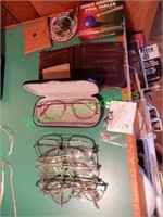 Assorted Glasses, Wallet, Billiard Chalk, Patch