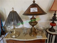 (2) Lamps, (3) Decorative Items on Cabinet