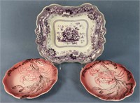 2 Crab Majolica Plates & Transferware Bowl