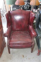 Chinese Chippendale Style Leather Wing Back Chair