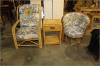 (2) Rattan Chairs and Small Wicker 1-Drawer Stand