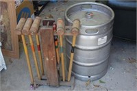 Vintage Croquet Set (missing mallet) & Beer Keg