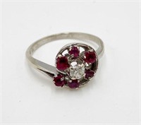 14K White Gold Ladies' Ring w/Diamond & Rubies.