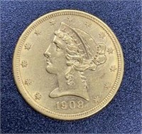 1908 Liberty Head Variety 2 $5 Gold Coin