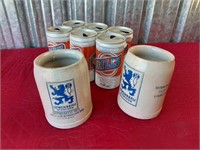 LOT OF 2 LOWENBRAU MUGS AND BILLY BEER CANS