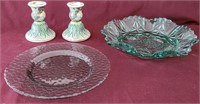 Greenish Glassware Plates & Candlestick Holders