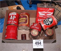 Box of cool, antique, empty cans & bottles