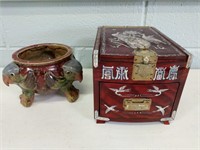 Oriental Inlayed Jewelry Box and Pottery