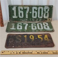 Pair of 1922 license plates and 1940 New York
