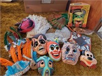 Vintage Halloween costume items, masks