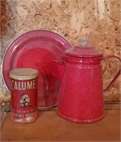 Red enamelware plate, coffee pot, tin