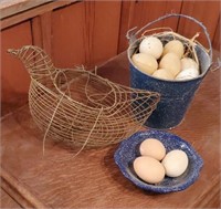 Wire chicken, blue speckled buckets of eggs