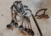 Cast iron horseshoes, rocking horse, utensils