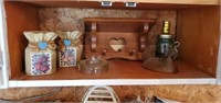 Wall pockets, ashtray, shelf, canning jar lamp