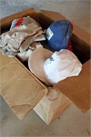 Box of baseball hats, chore gloves