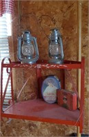 Vintage red metal shelf, silver lanterns (2), tins