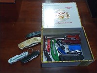Knife collection in cigar box