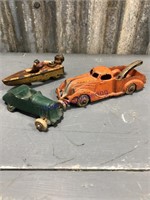 Cast iron toys--boat, tow truck, car, 3.5" to 5" L