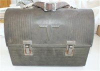VINTAGE METAL LUNCH BOX WITH LEATHER HANDLE