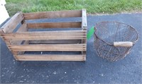 WOOD CRATE & PRIMITIVE WIRE BASKET