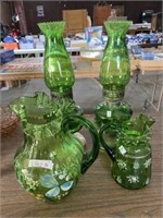 Green hand painted pitchers, oil lamps