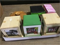 Picture cubes, sewing box, cake pans