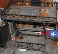 Wrought iron patio table & drawer of miscellaneous