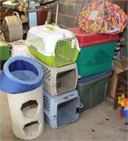3 pet crates; cat tent; cat bed; 4 plastic totes