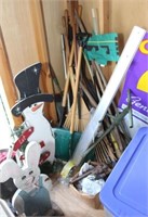 lot of gardening tools in corner; wdn snowman